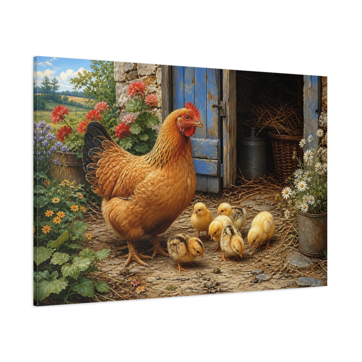 Side Mockup 1. Animals Hen And Chicks Rustic Farm Animals shown as stretched canvas wall art