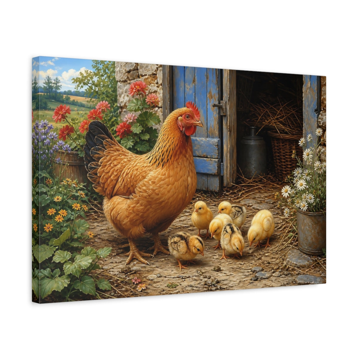 Side Mockup 3. Animals Hen And Chicks Rustic Farm Animals shown as stretched canvas wall art