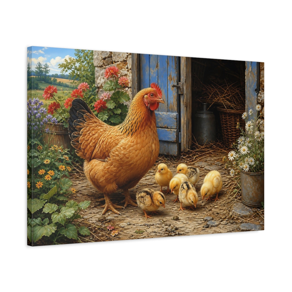 Side Mockup 2. Animals Hen And Chicks Rustic Farm Animals shown as stretched canvas wall art