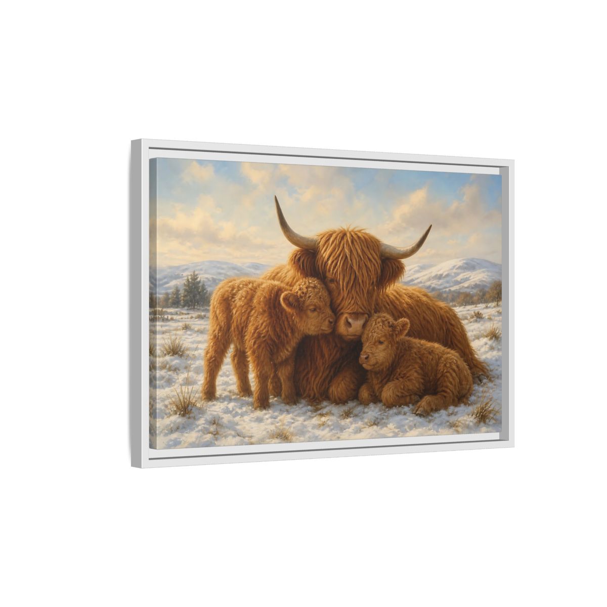Side Mockup 1. Animals Highland Cattle Brown Highland Cattle shown as stretched canvas wall art