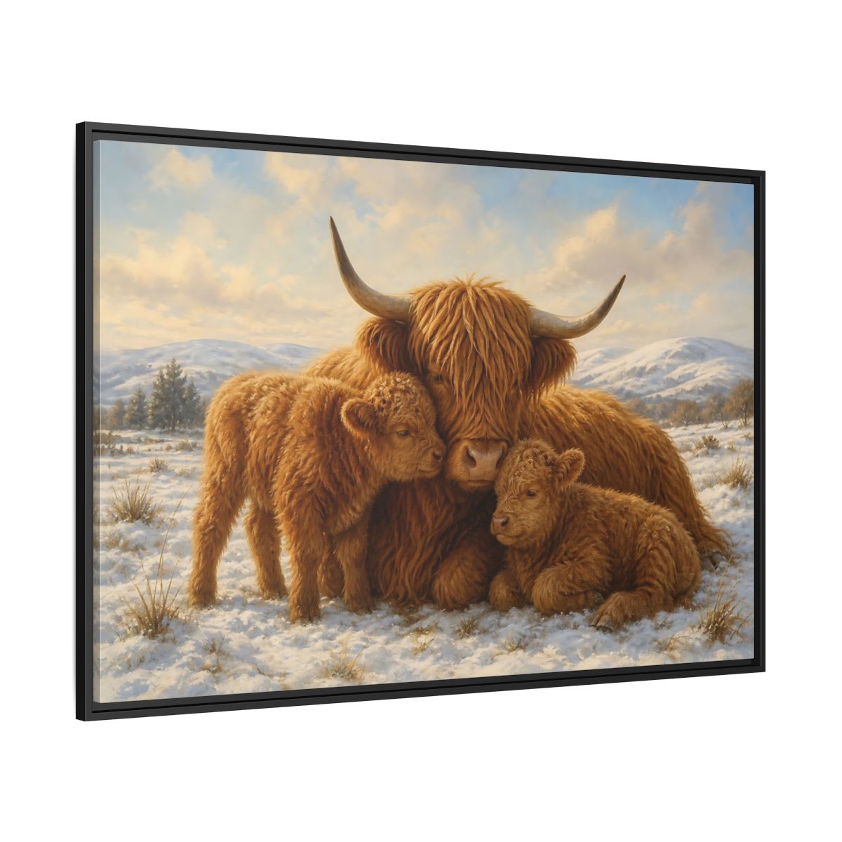 Side Mockup 12. Animals Highland Cattle Brown Highland Cattle shown as stretched canvas wall art