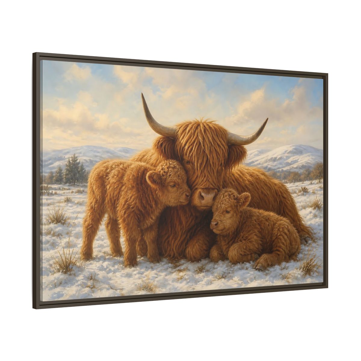 Side Mockup 8. Animals Highland Cattle Brown Highland Cattle shown as stretched canvas wall art