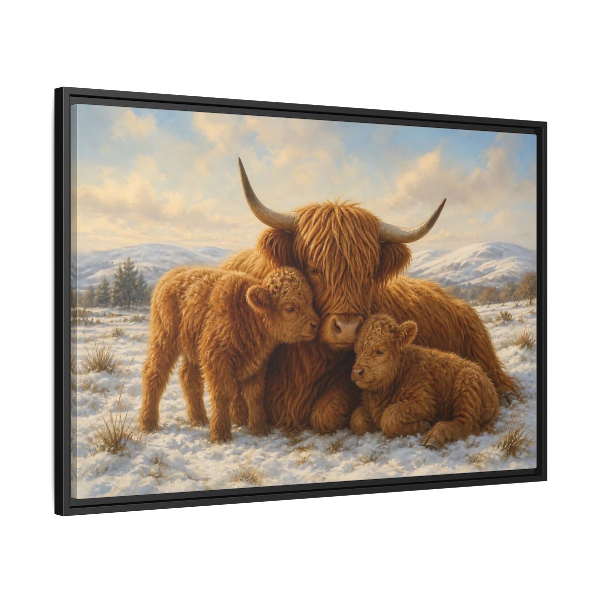 Side Mockup 13. Animals Highland Cattle Brown Highland Cattle shown as stretched canvas wall art