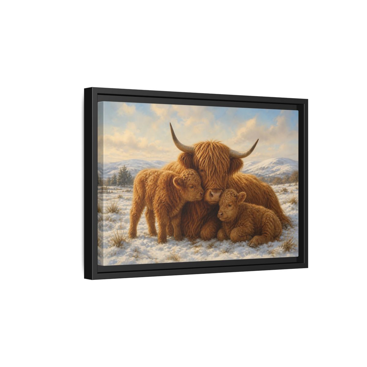 Side Mockup 6. Animals Highland Cattle Brown Highland Cattle shown as stretched canvas wall art