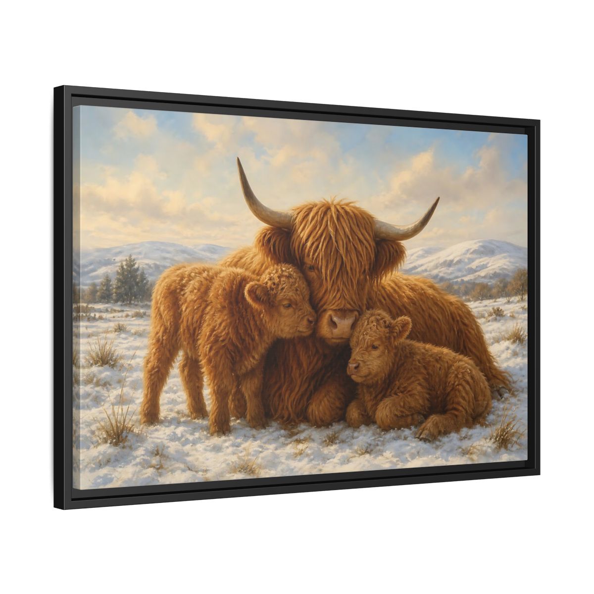 Side Mockup 14. Animals Highland Cattle Brown Highland Cattle shown as stretched canvas wall art