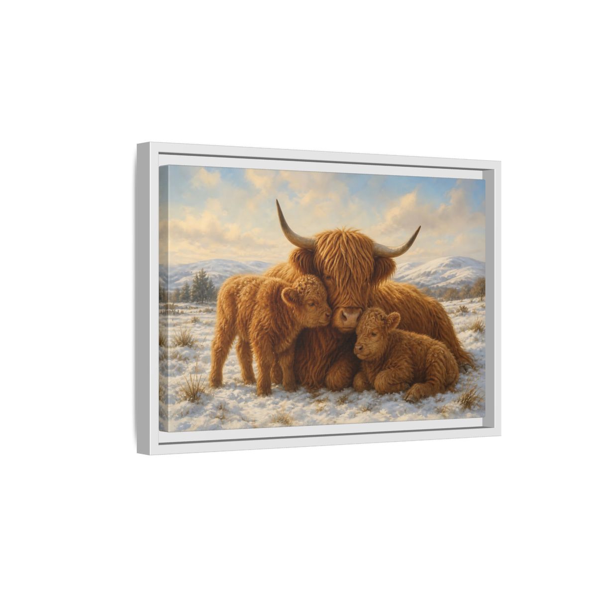 Side Mockup 4. Animals Highland Cattle Brown Highland Cattle shown as stretched canvas wall art