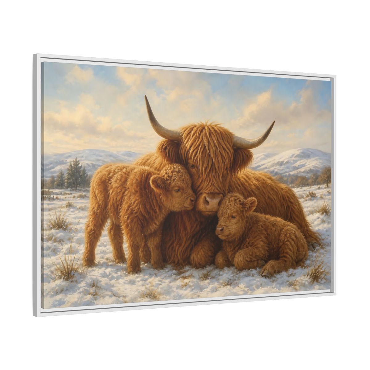 Side Mockup 7. Animals Highland Cattle Brown Highland Cattle shown as stretched canvas wall art
