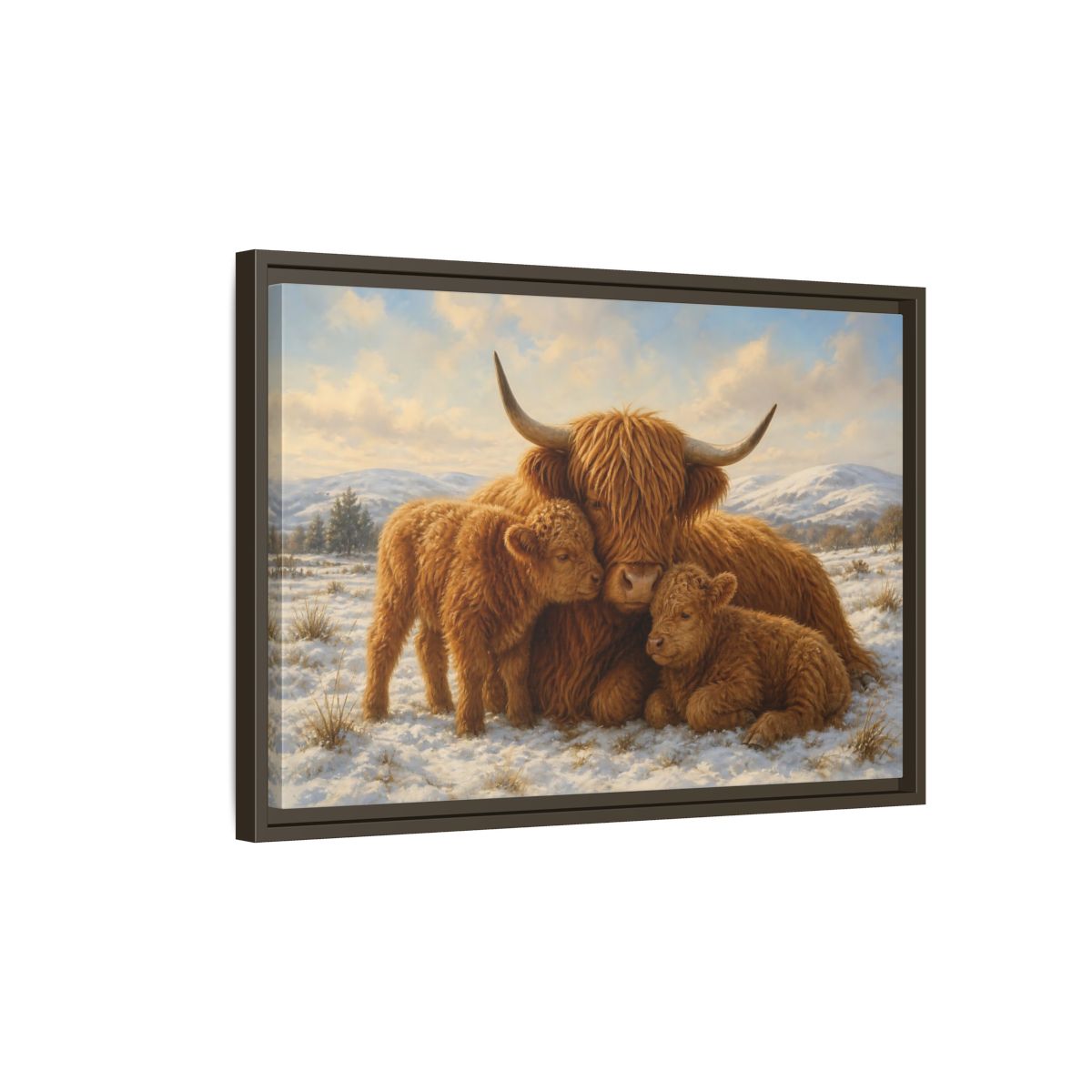 Side Mockup 2. Animals Highland Cattle Brown Highland Cattle shown as stretched canvas wall art