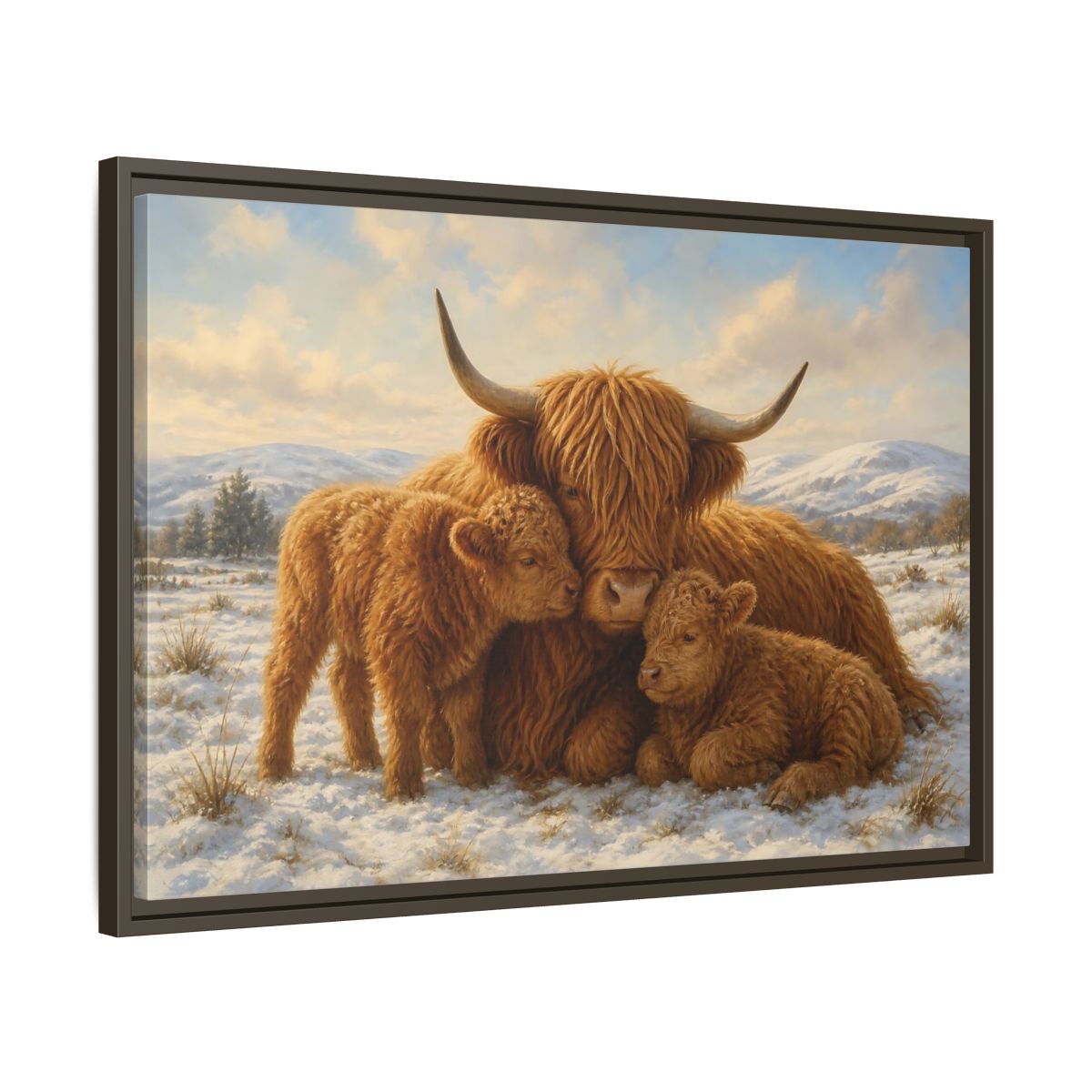 Side Mockup 11. Animals Highland Cattle Brown Highland Cattle shown as stretched canvas wall art
