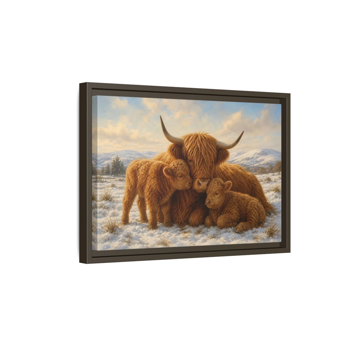Side Mockup 5. Animals Highland Cattle Brown Highland Cattle shown as stretched canvas wall art