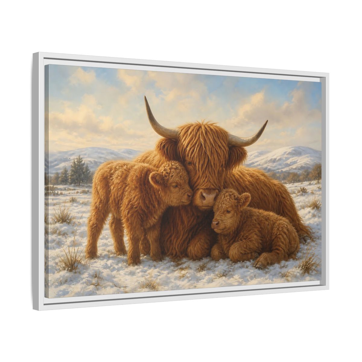 Side Mockup 10. Animals Highland Cattle Brown Highland Cattle shown as stretched canvas wall art