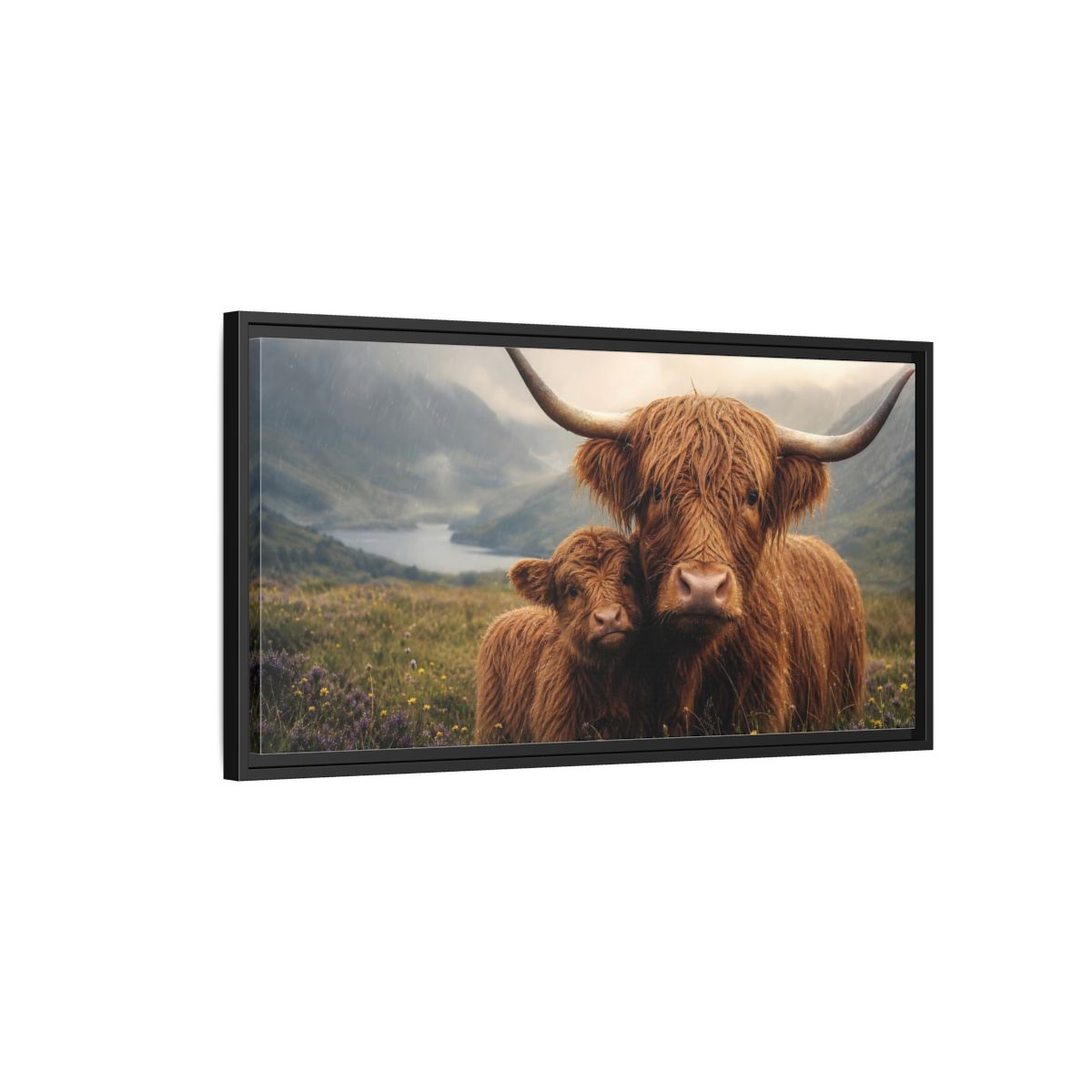 Side Mockup 2. Animals Highland Cattle Brown Highland Cattle shown as stretched canvas wall art