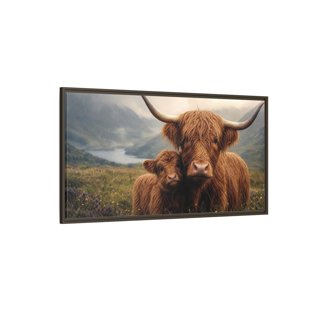 Side Mockup 4. Animals Highland Cattle Brown Highland Cattle shown as stretched canvas wall art