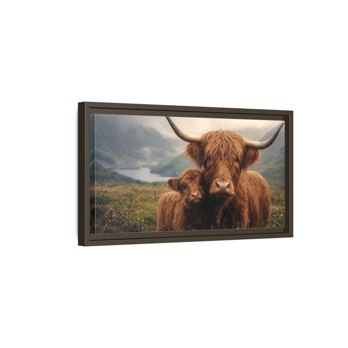 Side Mockup 7. Animals Highland Cattle Brown Highland Cattle shown as stretched canvas wall art