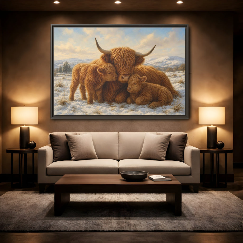 Mockup 2. Animals Highland Cattle Brown Highland Cattle shown as stretched canvas wall art