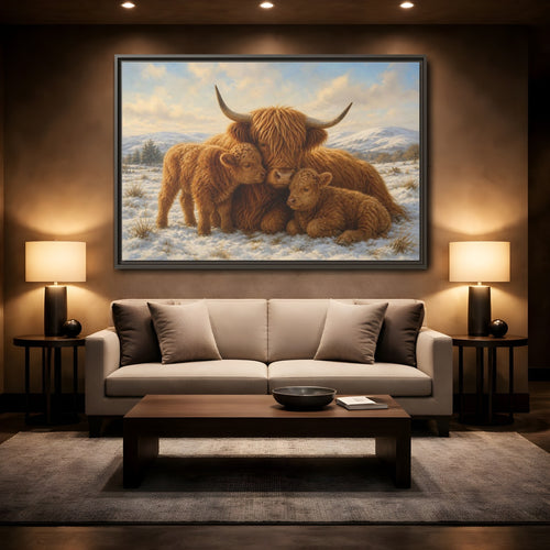 Mockup 2. Animals Highland Cattle Brown Highland Cattle shown as stretched canvas wall art