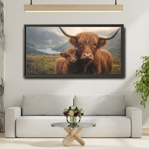 Mockup 2. Animals Highland Cattle Brown Highland Cattle shown as stretched canvas wall art