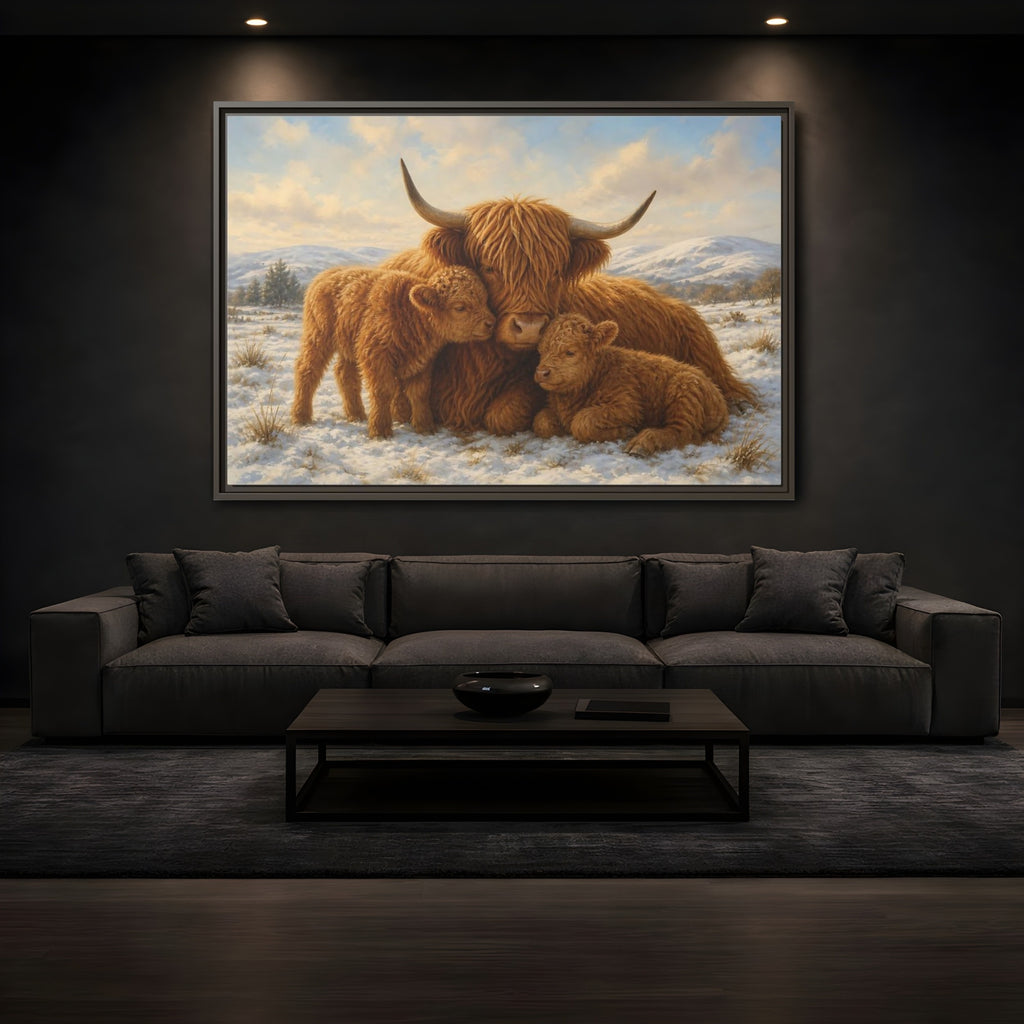 Mockup 3. Animals Highland Cattle Brown Highland Cattle shown as stretched canvas wall art