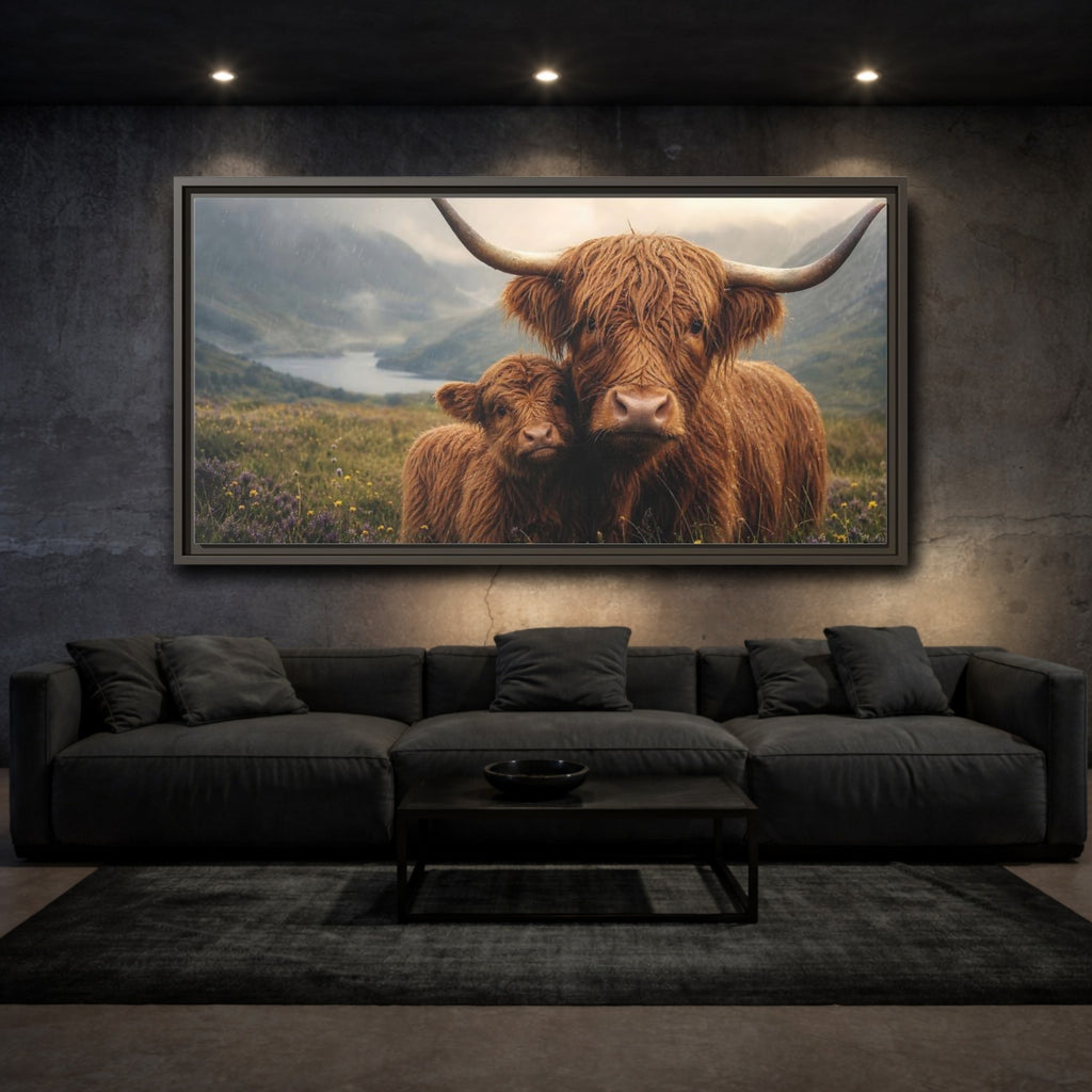 Mockup 3. Animals Highland Cattle Brown Highland Cattle shown as stretched canvas wall art