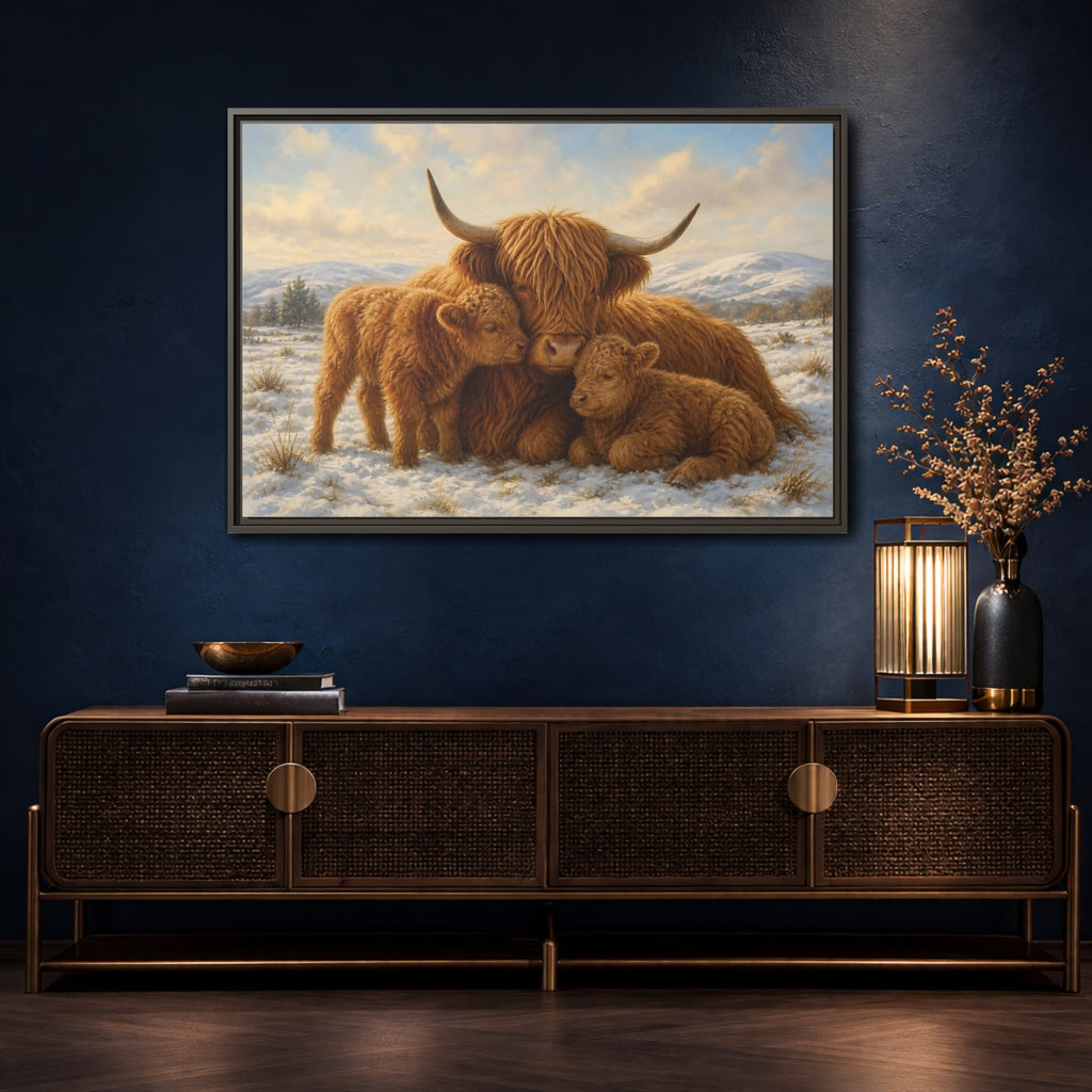 Mockup 4. Animals Highland Cattle Brown Highland Cattle shown as stretched canvas wall art