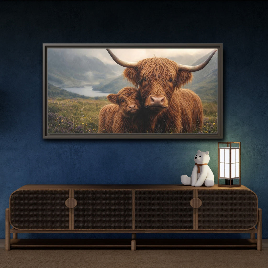 Mockup 4. Animals Highland Cattle Brown Highland Cattle shown as stretched canvas wall art