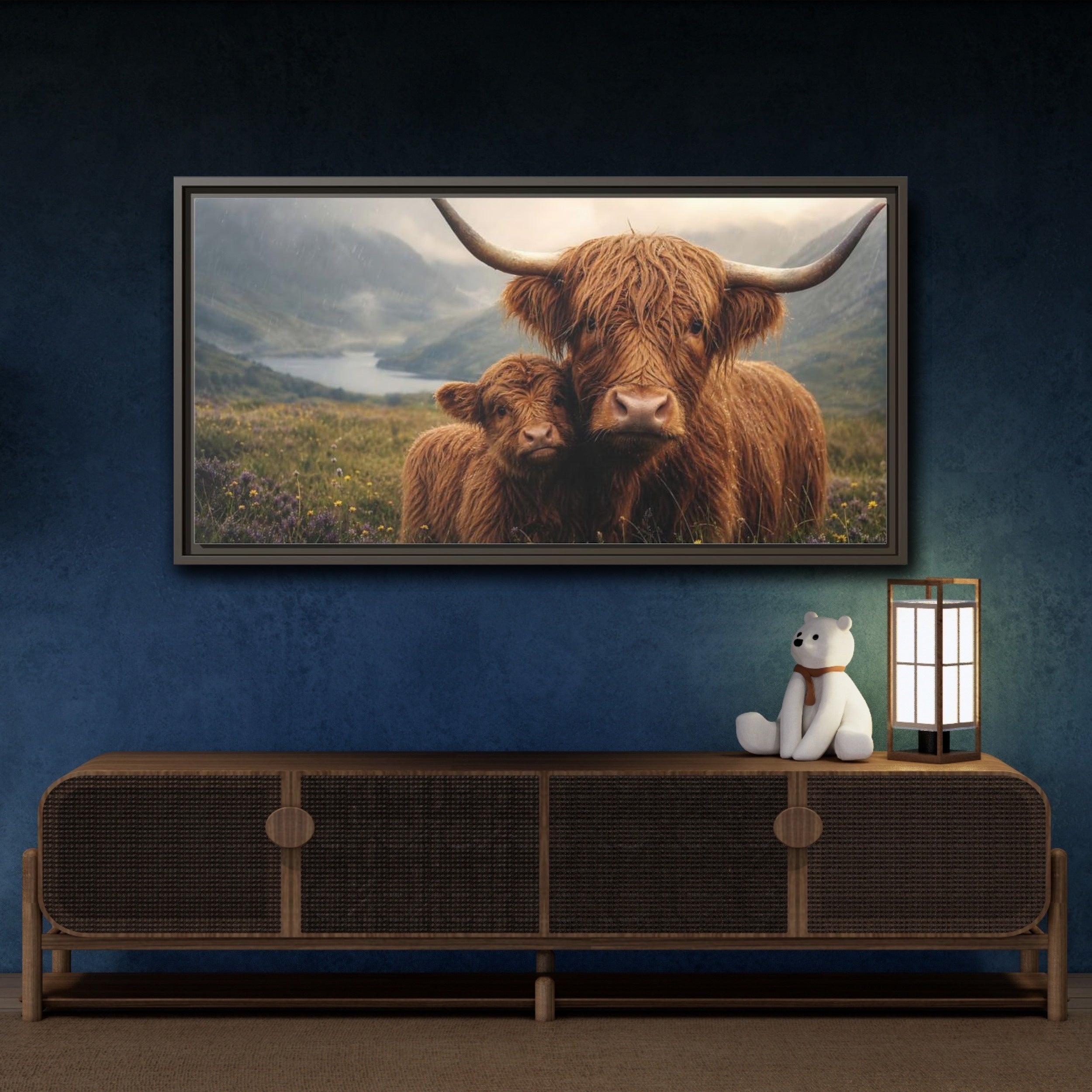 Mockup 4. Animals Highland Cattle Brown Highland Cattle shown as stretched canvas wall art