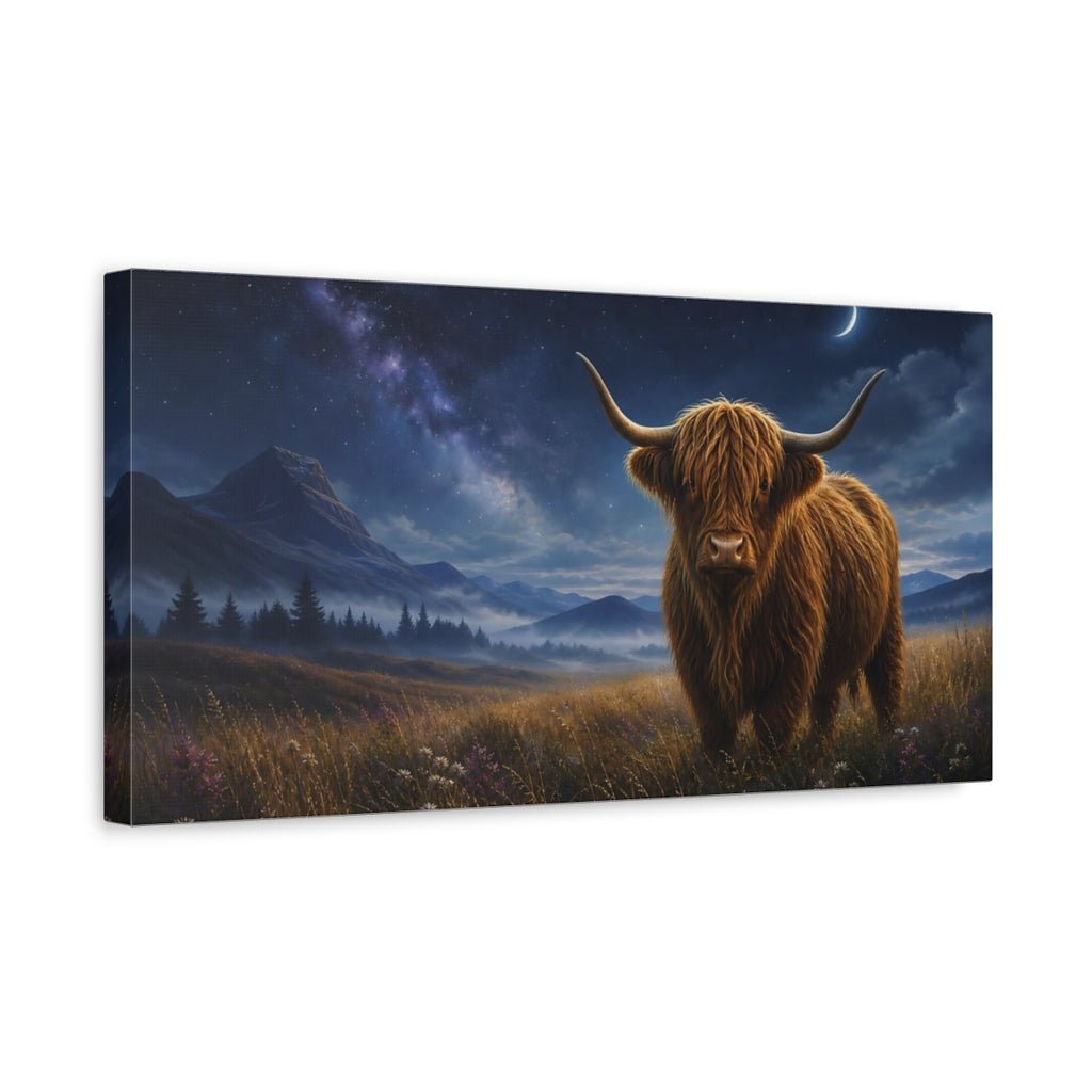 Side Mockup 3. Animals Highland Cow Brown And Blue Night shown as stretched canvas wall art