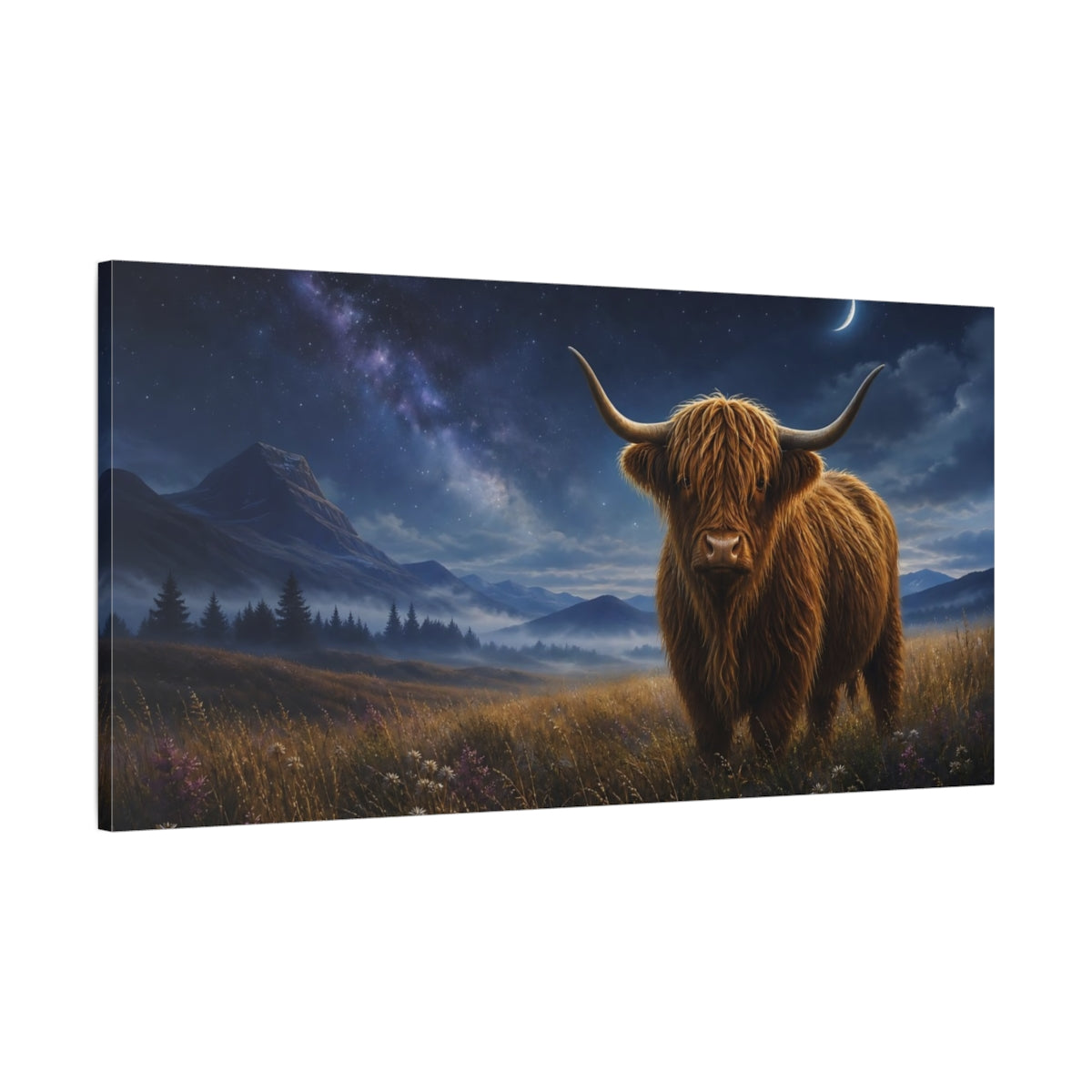 Main Mockup. Animals Highland Cow Brown And Blue Night shown as stretched canvas wall art