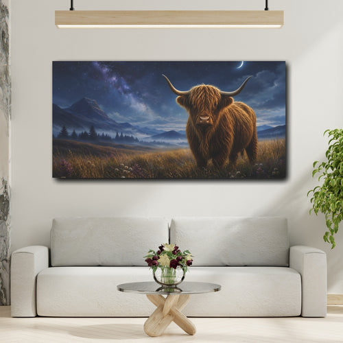 Mockup 2. Animals Highland Cow Brown And Blue Night shown as stretched canvas wall art