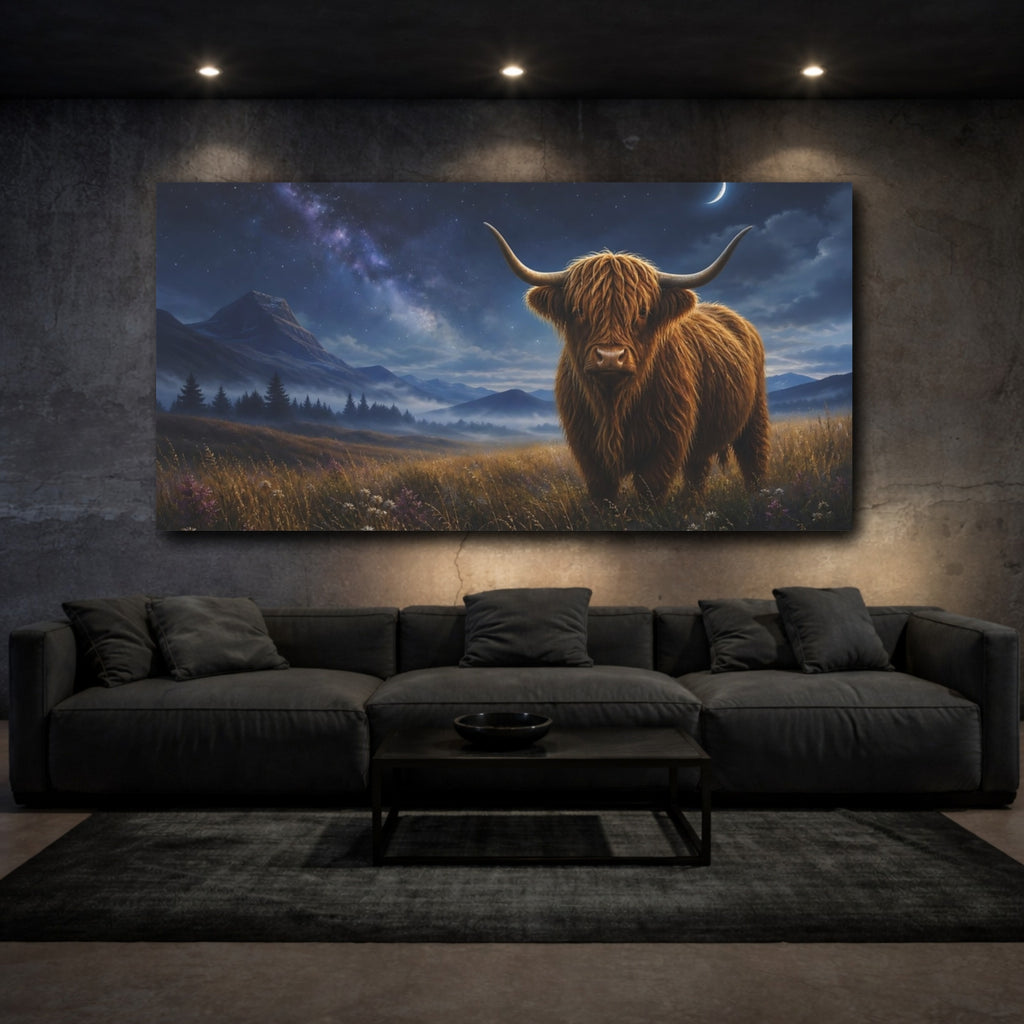 Mockup 3. Animals Highland Cow Brown And Blue Night shown as stretched canvas wall art