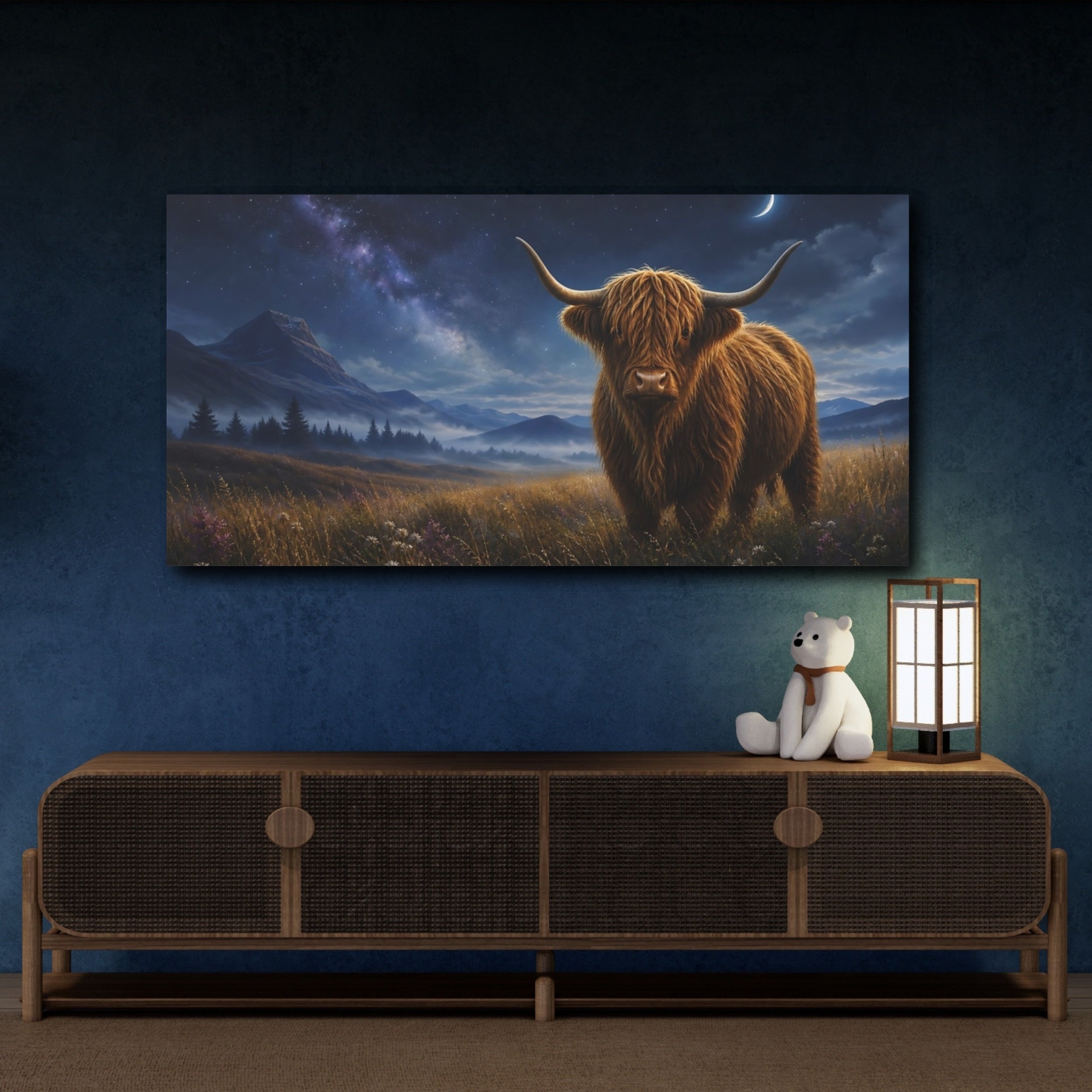 Mockup 4. Animals Highland Cow Brown And Blue Night shown as stretched canvas wall art