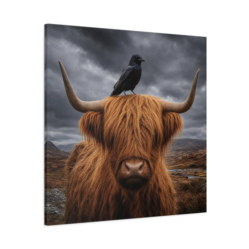 Main Mockup. Animals Highland Cow Brown And Grey shown as stretched canvas wall art