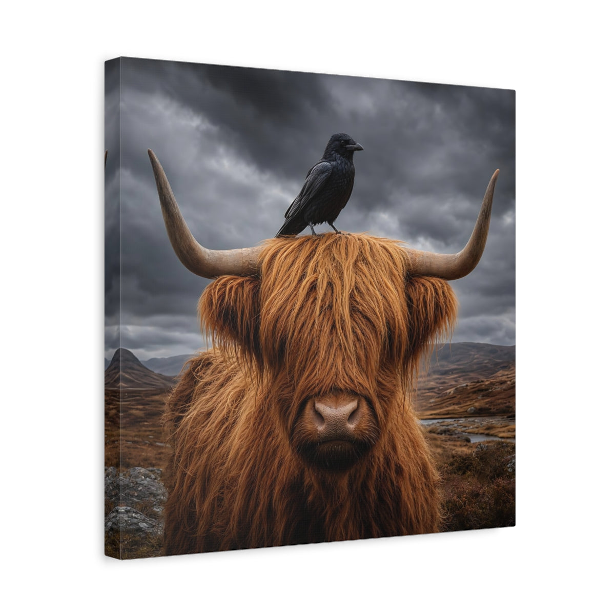Side Mockup 6. Animals Highland Cow Brown And Grey shown as stretched canvas wall art