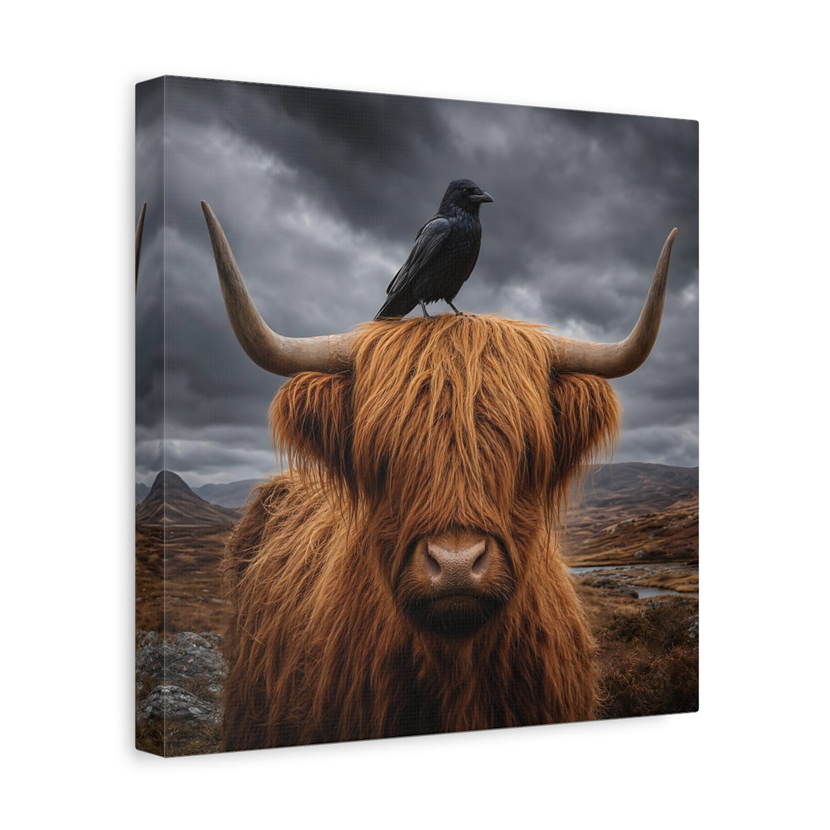 Side Mockup 8. Animals Highland Cow Brown And Grey shown as stretched canvas wall art