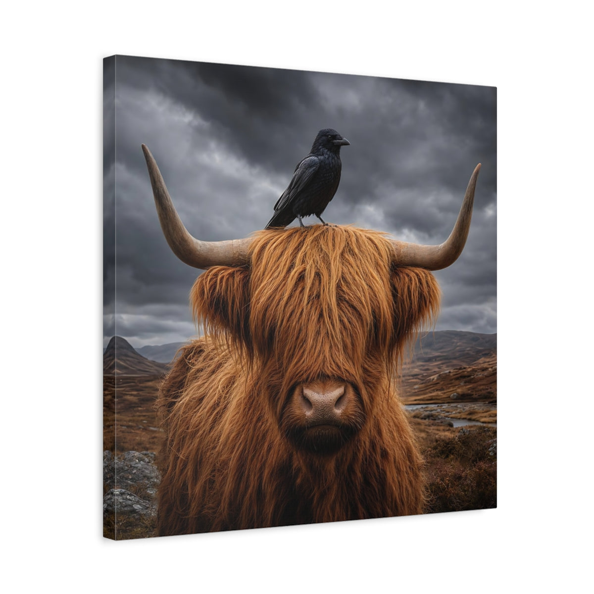 Side Mockup 5. Animals Highland Cow Brown And Grey shown as stretched canvas wall art
