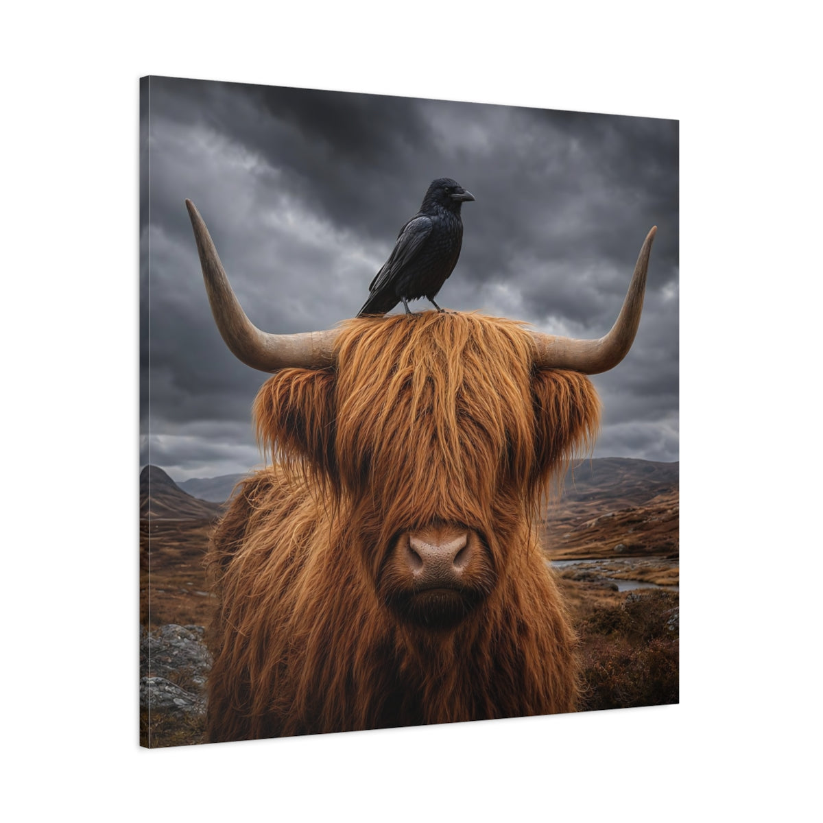 Side Mockup 1. Animals Highland Cow Brown And Grey shown as stretched canvas wall art