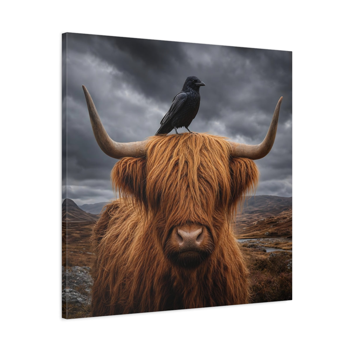 Side Mockup 3. Animals Highland Cow Brown And Grey shown as stretched canvas wall art