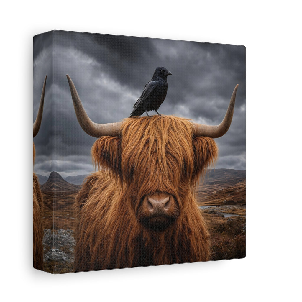 Side Mockup 2. Animals Highland Cow Brown And Grey shown as stretched canvas wall art