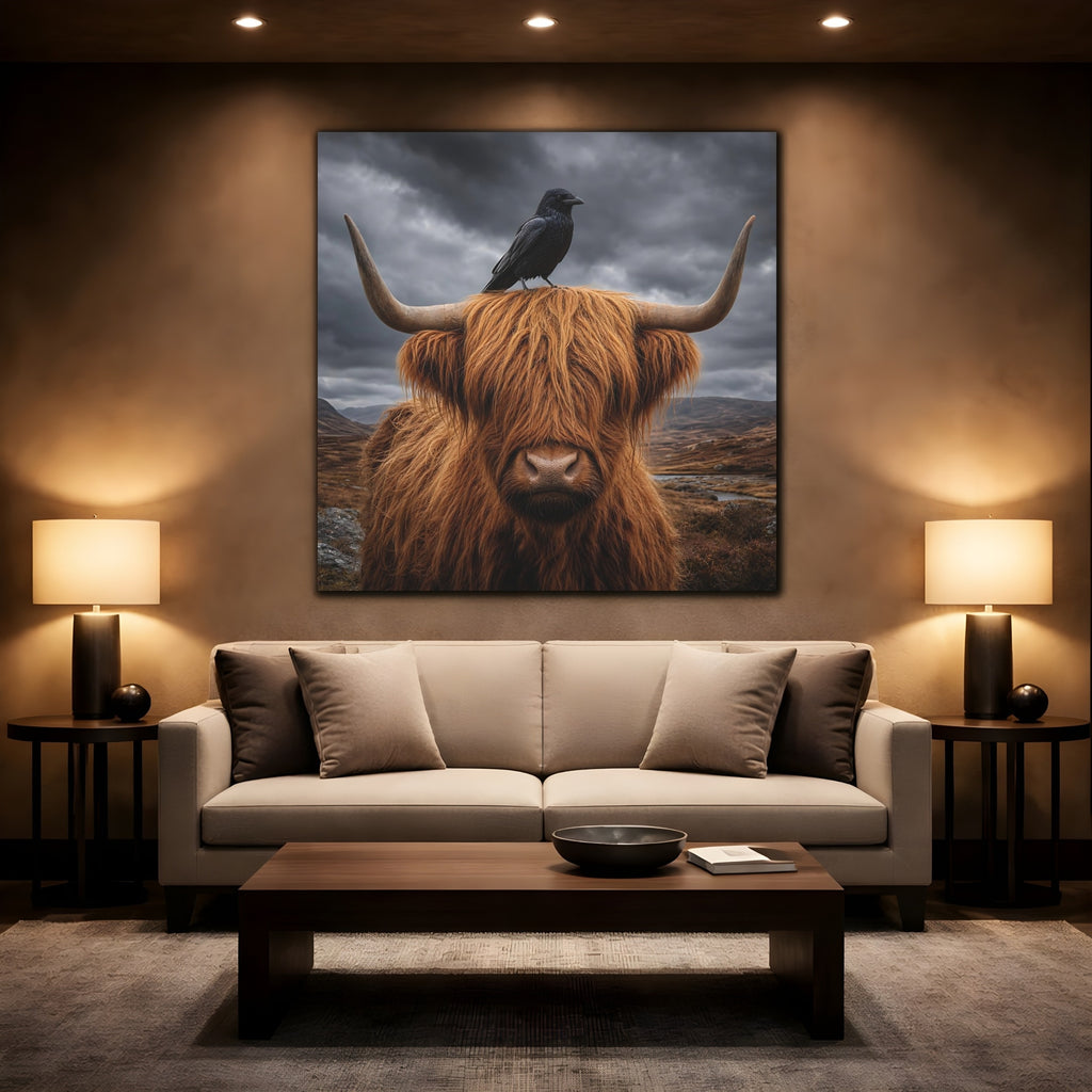 Mockup 2. Animals Highland Cow Brown And Grey shown as stretched canvas wall art