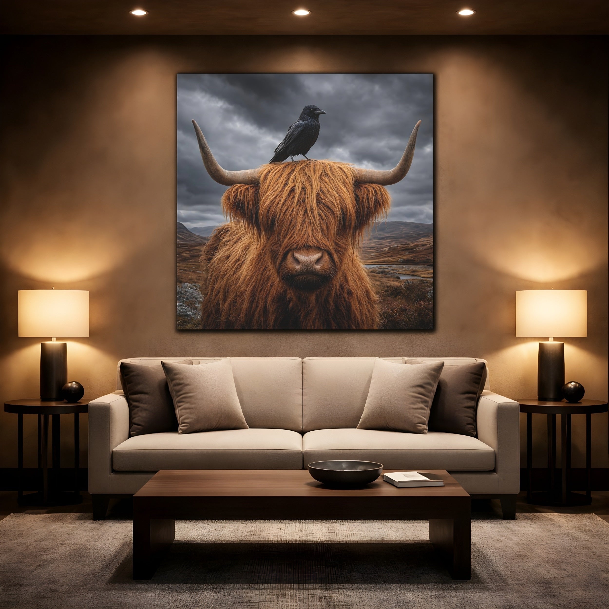 Mockup 2. Animals Highland Cow Brown And Grey shown as stretched canvas wall art