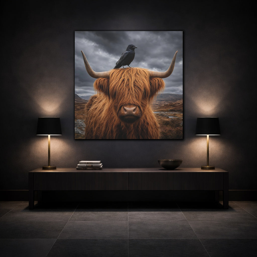 Mockup 3. Animals Highland Cow Brown And Grey shown as stretched canvas wall art