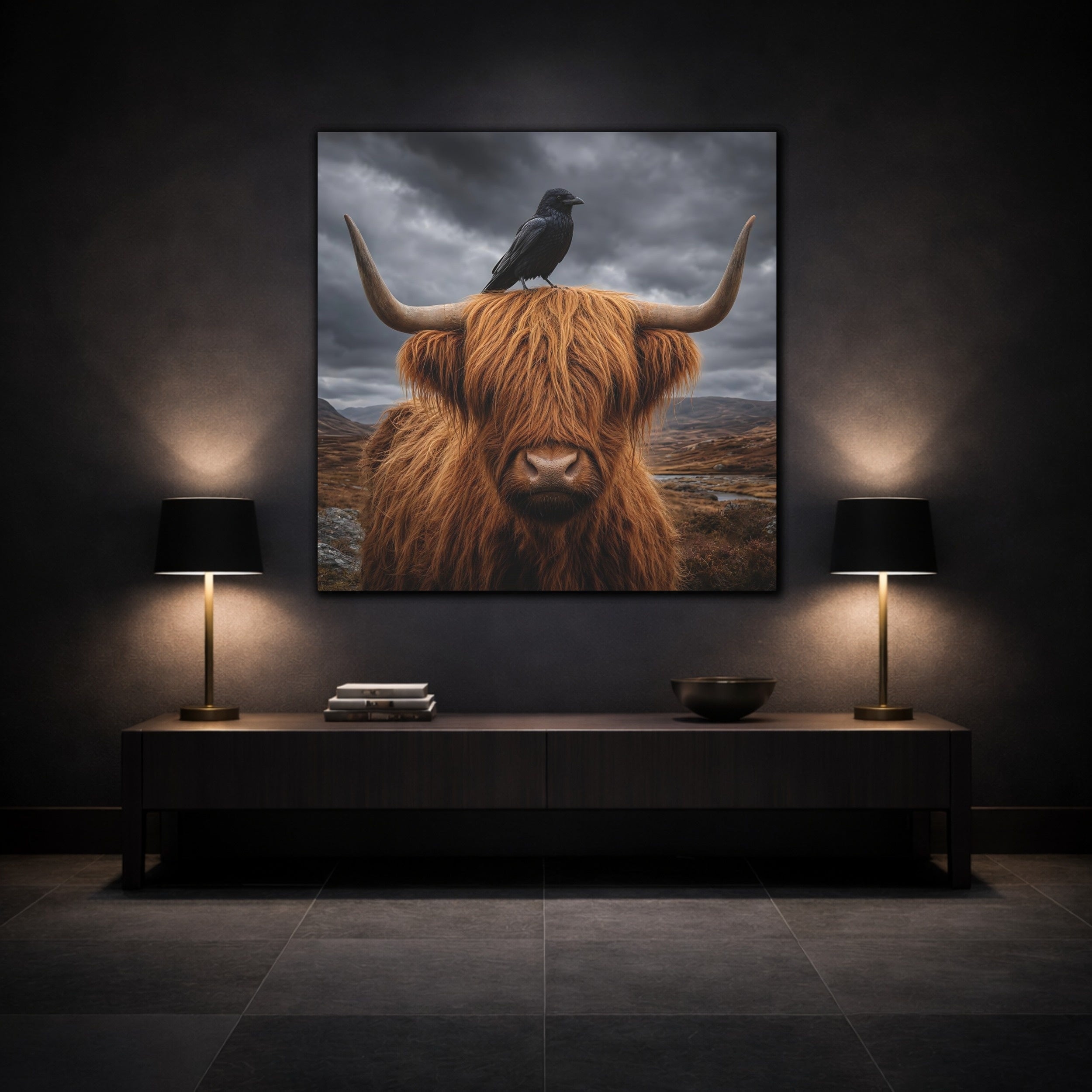 Mockup 3. Animals Highland Cow Brown And Grey shown as stretched canvas wall art