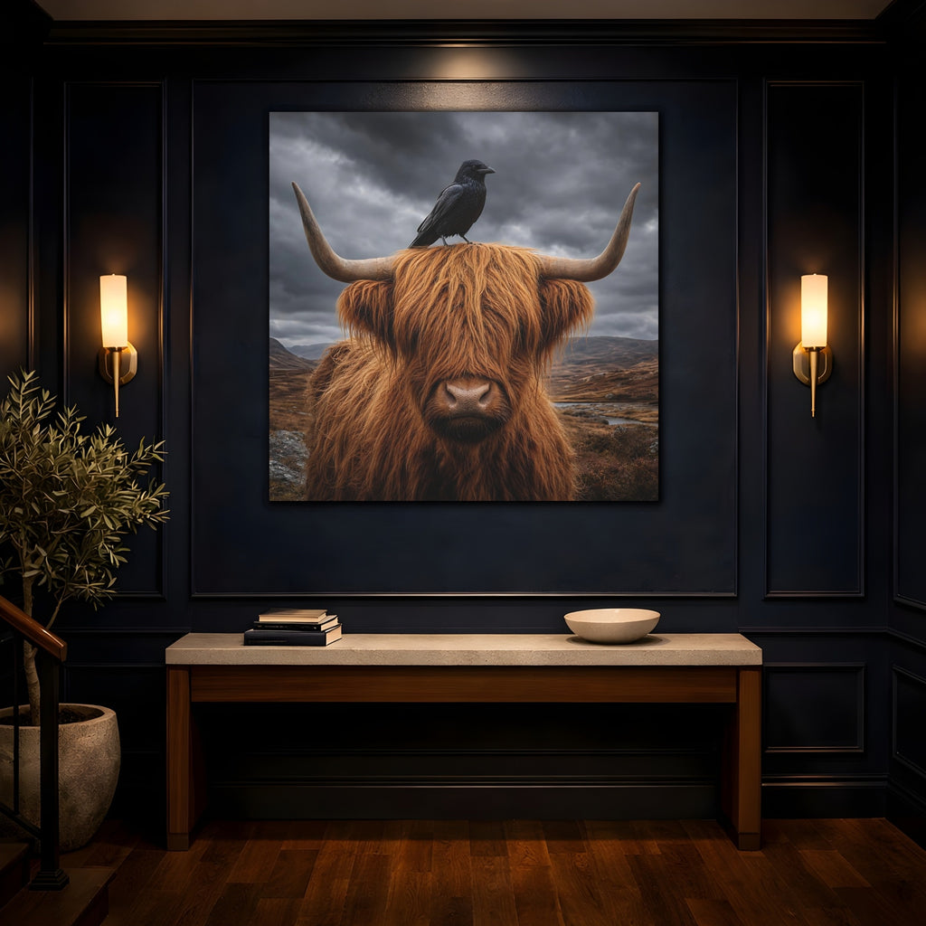 Mockup 4. Animals Highland Cow Brown And Grey shown as stretched canvas wall art