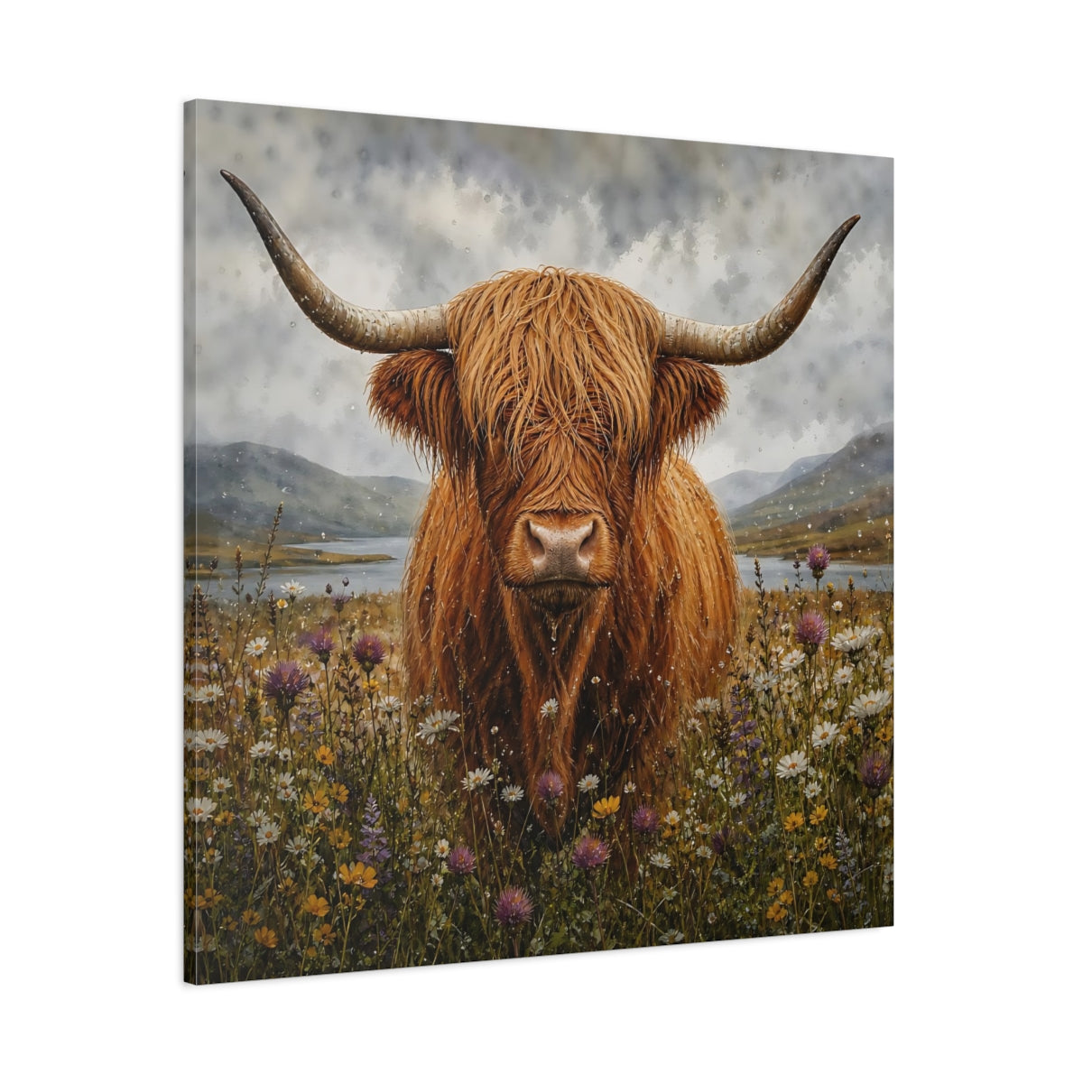 Side Mockup 1. Animals Highland Cow Brown Highland Cow shown as stretched canvas wall art