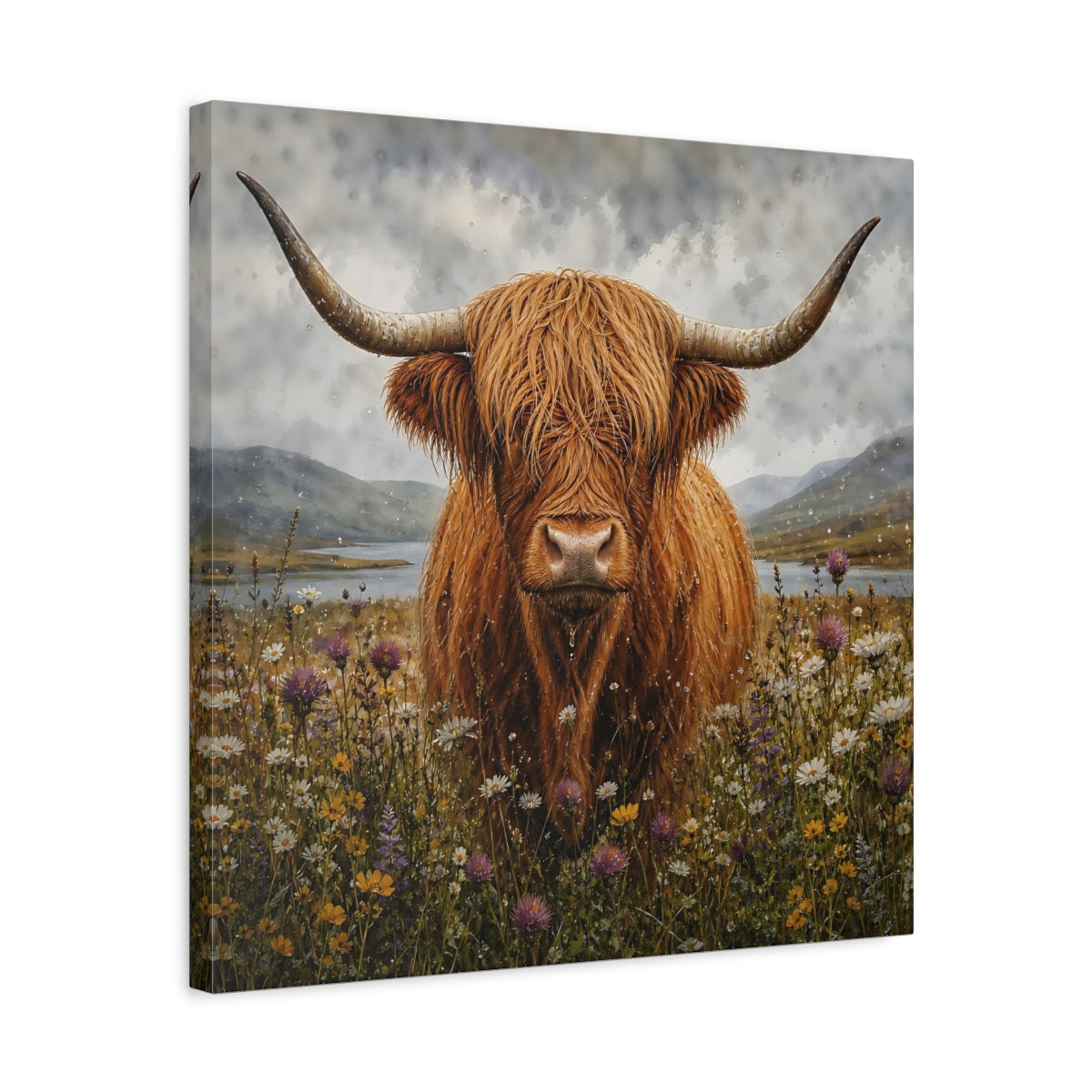 Side Mockup 5. Animals Highland Cow Brown Highland Cow shown as stretched canvas wall art