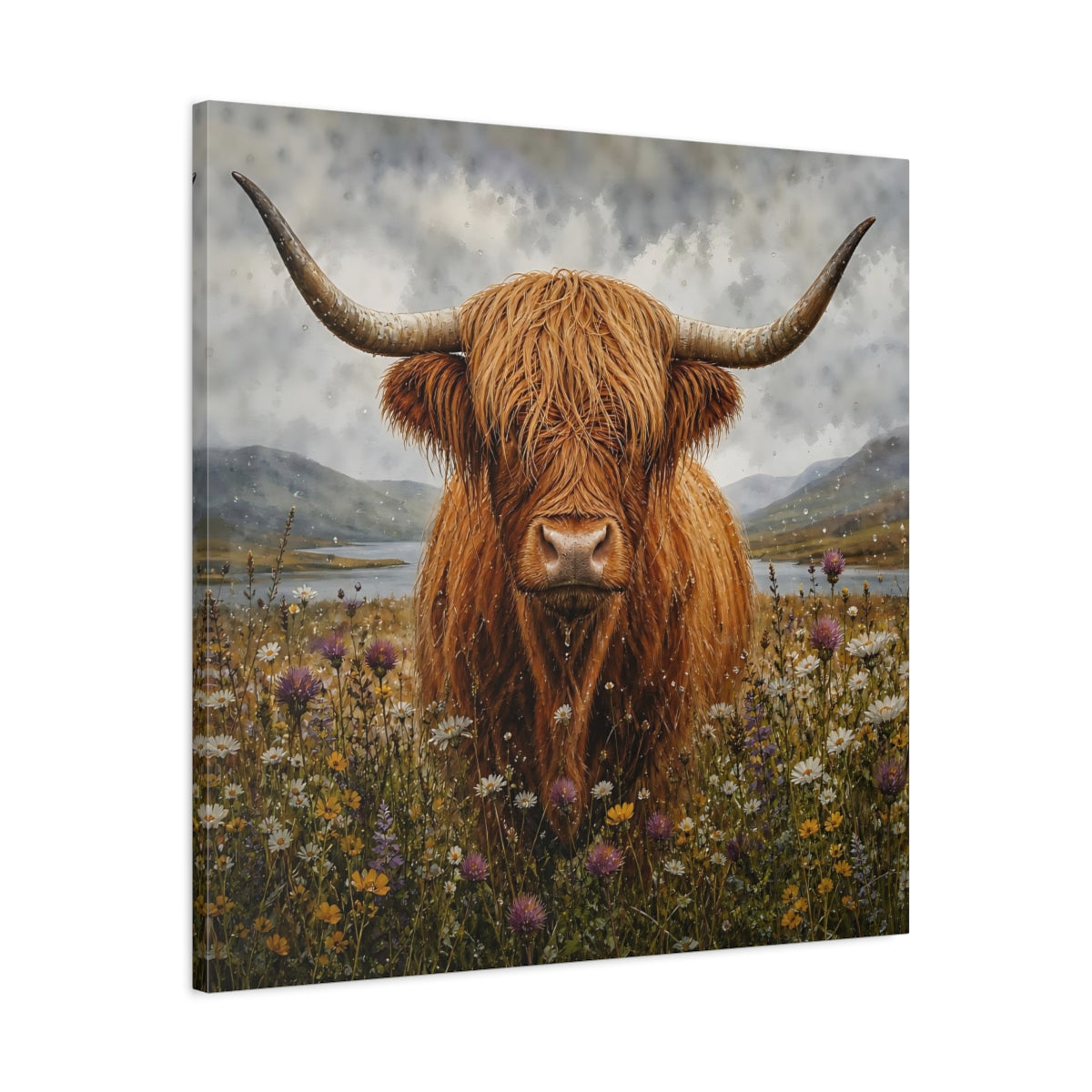 Side Mockup 3. Animals Highland Cow Brown Highland Cow shown as stretched canvas wall art