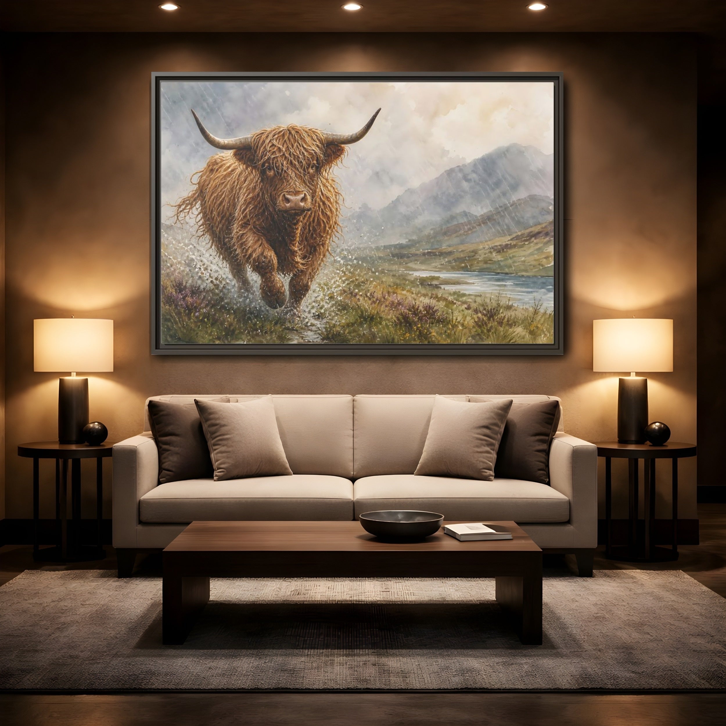 Mockup 2. Animals Highland Cow Brown Highland Cow shown as stretched canvas wall art