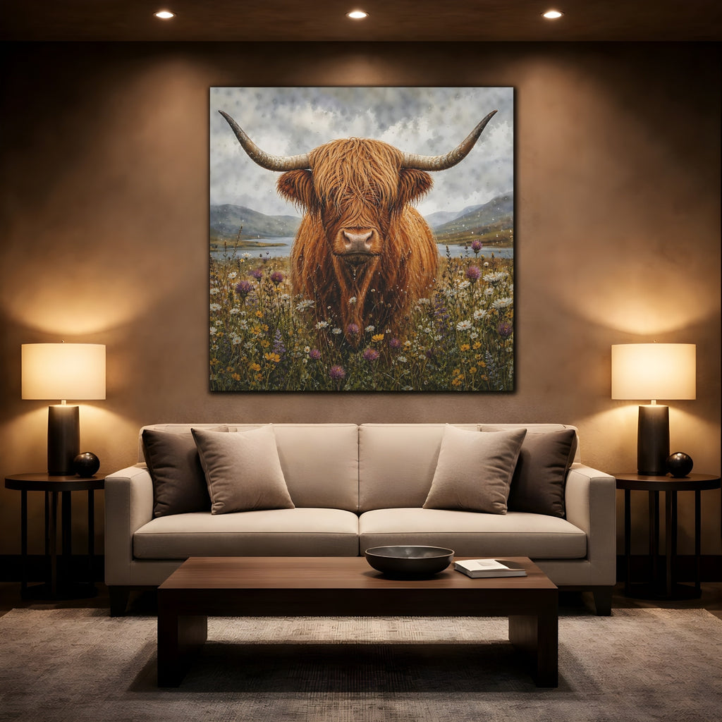 Mockup 2. Animals Highland Cow Brown Highland Cow shown as stretched canvas wall art