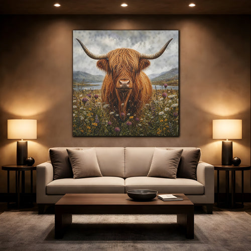 Mockup 2. Animals Highland Cow Brown Highland Cow shown as stretched canvas wall art