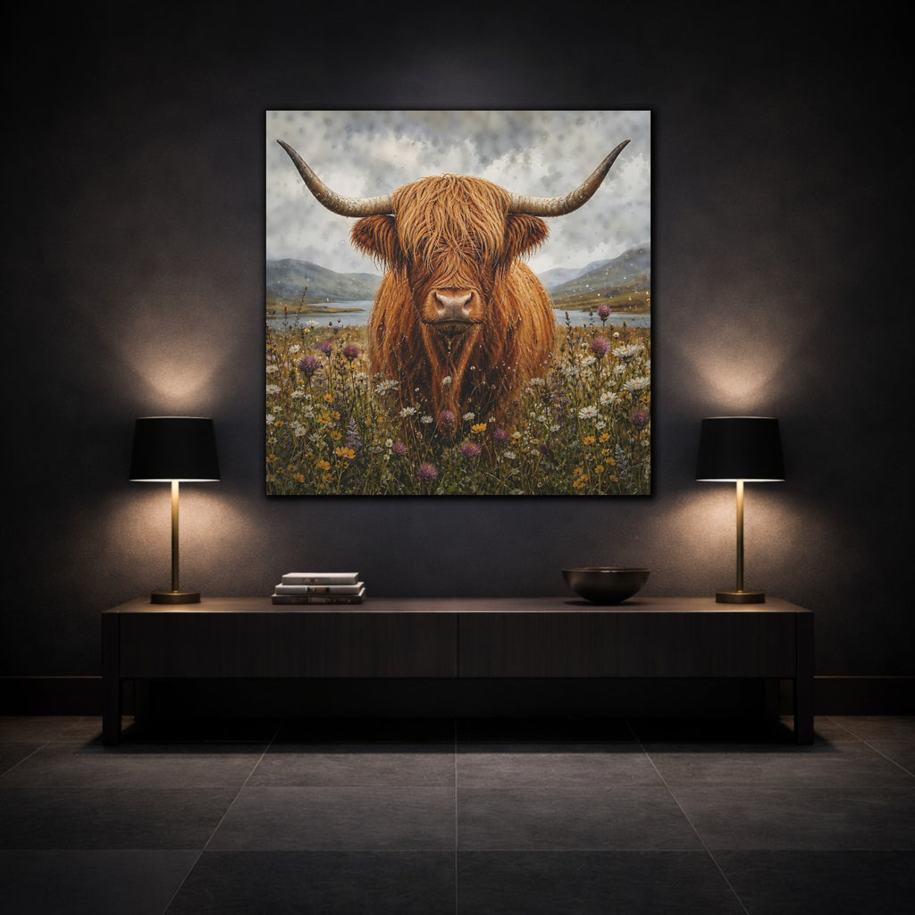 Mockup 3. Animals Highland Cow Brown Highland Cow shown as stretched canvas wall art